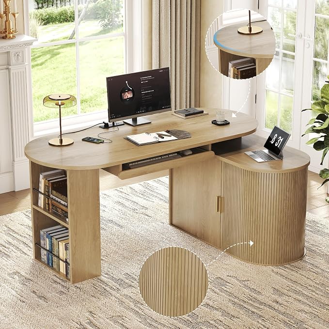 HSH L Shaped Office Corner Desk with Storage Cabinet for Home Oak 60 Inch | Executive Woood Fluted Computer Desk with Keyboard Tray and Open Shelves Modern Reversible Mcm Large Swivel Table