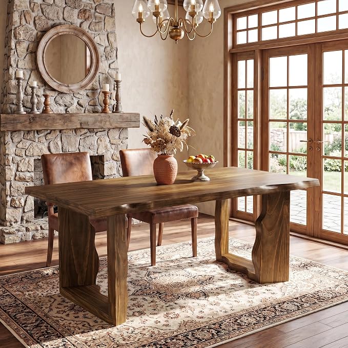 63" Live Edge Solid Wood Dining Table, Modern Rustic Kitchen Table with Sculptural Legs, 6-Person Rectangular Dinner Table for Dining Room, Kitchen,Natural Dark Brown Finish