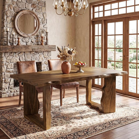 63" Live Edge Solid Wood Dining Table, Modern Rustic Kitchen Table with Sculptural Legs, 6-Person Rectangular Dinner Table for Dining Room, Kitchen,Natural Dark Brown Finish