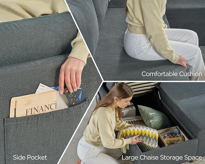 PaPaJet Sofa Bed, 112 Inch Sleeper Sofa, Oversized U Shaped Couch with Storage Chaise, Pull Out Couch for Living Room, Chenille Gray