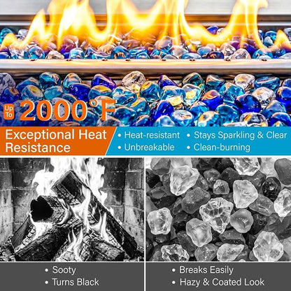 NUPICK 10LB Diamond Fire Glass, 1 Inch Fire Pit Rocks for Propane or Gas | Reflective Fire Pit Glass Rocks, Tempered Fire Rocks for Fireplace, Mix Color Glass Stones for Vase Filler, Landscaping