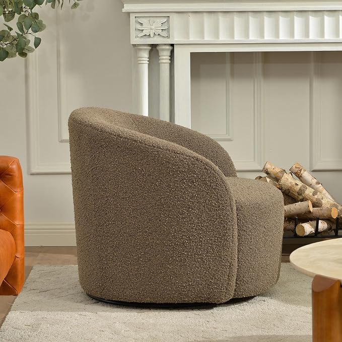 KINWELL 34" W Mid Century Modern Swivel Barrel Chair, Round Upholstered Boucle Swivel Accent Chairs, No Assembly Sofa Chair for Living Room Bedroom Reading Apartment Lounge Nursery(Teddy Brown)