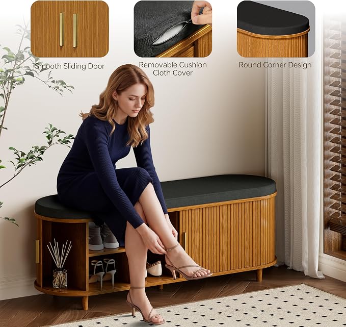 DHH 2-Tier Storage Bench,Wide Shoe Bench with Thickened Padded Seat Cushion, Mid Century Modern Fluted Sliding Door and Adjustable Shelf, for Entryway, Living Room, Bedroom (Yellow Walnut, 51.2”)