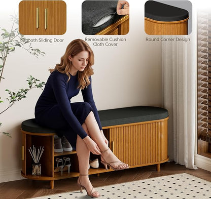 DHH 2-Tier Storage Bench,Wide Shoe Bench with Thickened Padded Seat Cushion, Mid Century Modern Fluted Sliding Door and Adjustable Shelf, for Entryway, Living Room, Bedroom (Yellow Walnut, 51.2”)