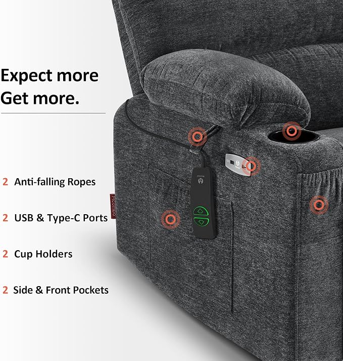 MCombo Power Lift Recliner Chair for Elderly, Lift Chair with Heat and Massage, 150° Max Recline, Extra Wide Lift Recliner for Big People, Fabric R7096 (Medium-Wide, Dark Grey)