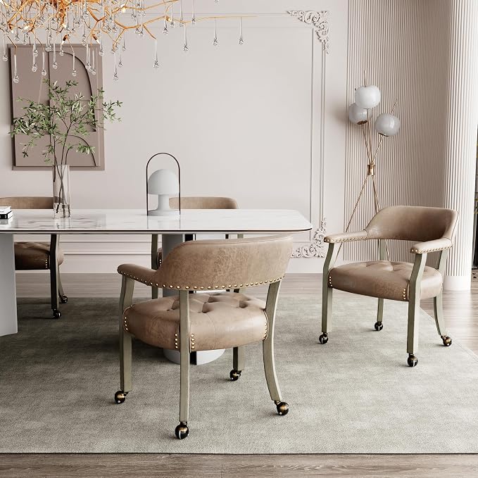 LEEMTORIG Set of 2 Dining Chairs with Casters and Arms, Rolling Dining Chairs with Wheels for Elderly, Ergonomic Wide Seat Wood Office Chairs, 26"Dx25.2"W, Grey Legs&Yellowish Brown Fabric SY-1318-LT