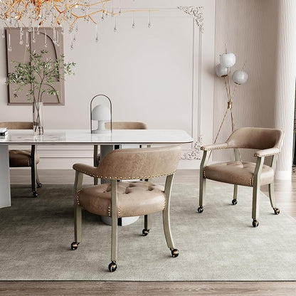 LEEMTORIG Set of 2 Dining Chairs with Casters and Arms, Rolling Dining Chairs with Wheels for Elderly, Ergonomic Wide Seat Wood Office Chairs, 26"Dx25.2"W, Grey Legs&Yellowish Brown Fabric SY-1318-LT