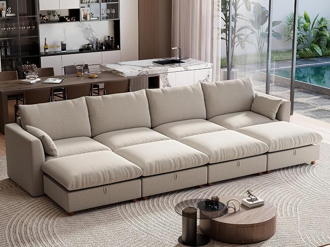Ihanherry 152" Oversized Modular Sectional Sofa, Modern Cloud Couch with 4 Storage Ottoman, 8-Seat Comfy Chenille Deep Seat Sofa with 2 Pillows for Living Room, Khaki