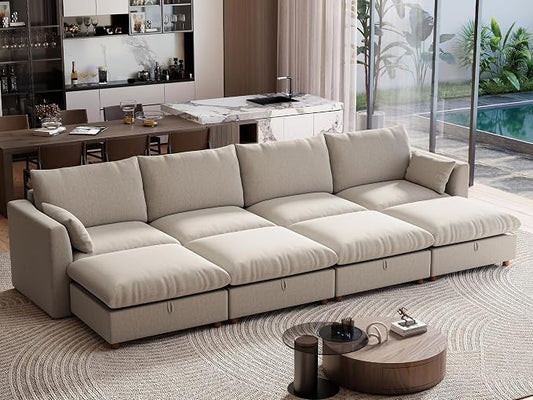 Ihanherry 152" Oversized Modular Sectional Sofa, Modern Cloud Couch with 4 Storage Ottoman, 8-Seat Comfy Chenille Deep Seat Sofa with 2 Pillows for Living Room, Khaki
