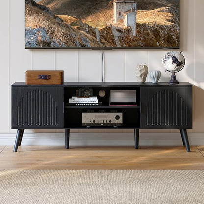 ChooChoo TV Stand for Living Room, Mid Century Modern TV Stand for 55/60 Inch TVs, Entertainment Center with Storage Cabinet and Open Shelves, TV Console Table Media Cabinet for Bedroom, Black