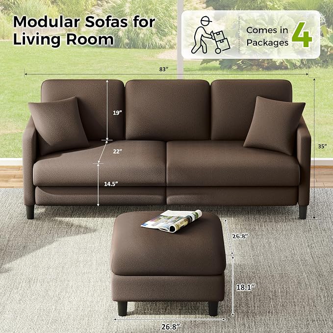 Welzona 83" Couches for Living Room, Teddy Sofa Couch with Storage Ottomans, U Shaped Couch with Movable Ottomans, Tool-Free Modular Sectional Sofa, All-Wood Sofas for Living Room 2 Pillows, Khaki