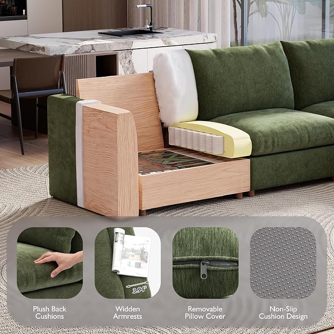 Ihanherry 146" Oversized Modular Sectional Sofa, Modern V Shaped Cloud Couch with 2 Storage Ottoman, 8-Seat Comfy Chenille Deep Seat Sofa with 2 Pillows for Living Room, Green