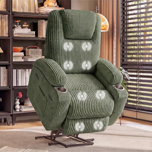 Flamaker Power Lift Recliner Chair Electric Lift Recliner for Elderly Power Lift Recliner Chair with Cup Holders Side Pockets for Living Room (Corduroy, Green)