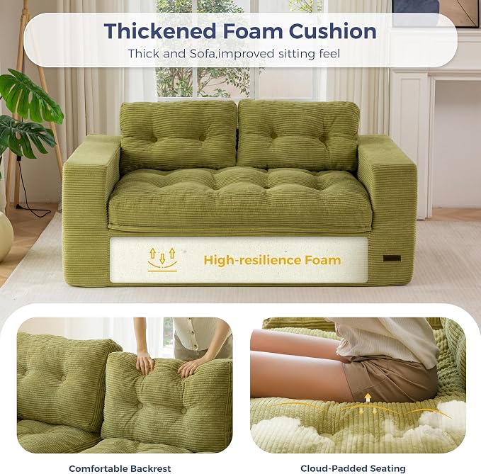 MAXYOYO 63" Loveseat Sofa Couch for Small Spaces, Upholstered Boneless Cloud Couch for Apartment Bedroom, 2-Seater Love Seat Floor Modern Sofa with Pillows, No Assembly Required, Green