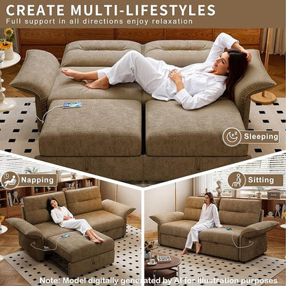 85" Pull Out Sofa Bed Full Size, Pre-Assembled Flannel Sleeper Sofa, Convertible Loveseat Futon Couch, Adjustable Armrest with USB, Pillows, for Apartment, Living Room, Small Spaces, Brown
