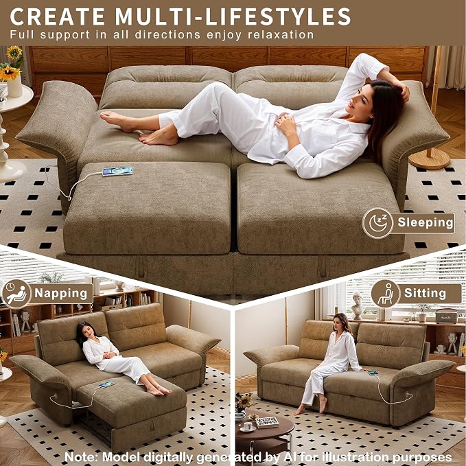 85'' Sofa Bed Full, Assembly, 3 in 1 Sleeper Sofa Beds, Flannel Pull Out Couch for Living Room, Charging & Adjustable Armrest, Comfy Loveseat for Small Space, Flannel Brown