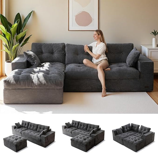 MAXYOYO 96" L Shaped Modular Sectional Sofa with Ottoman, Cloud Boneless Couch with Layered Cushion, Upholstered Sofa in a Box, Flexible Module Combination for Living Room, No Assembly, Dark Grey