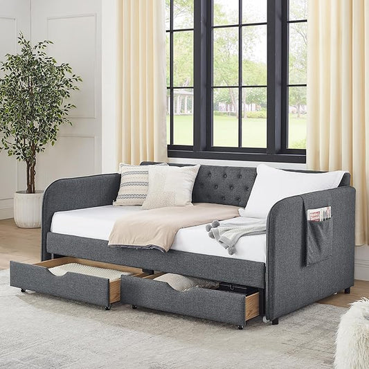 KEIKI Twin Size Upholstery Daybed with Trundle and 2 Drawers, Twin to King Design Mid-Century Style Extendable Sofa Bed, Easy Assembly, No Box Spring Required, for Living Room, Dark Grey