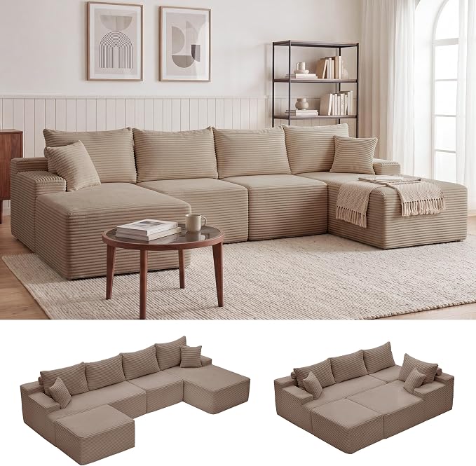 Mangodan 118'' Cloud Sectional Couch, U Shaped Boneless Couches for Living Room, Modular Sectional Sofa with Deep Seat Right Facing Chaise, Comfy Cloud Couch Sofa, Camel