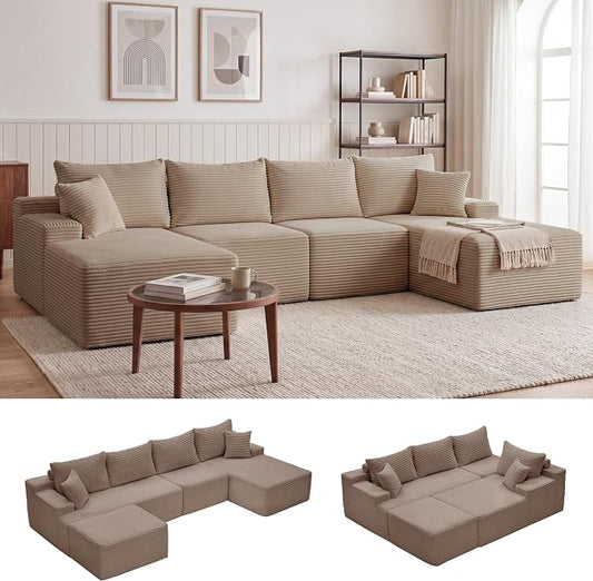 Mangodan 118'' Cloud Sectional Couch, U Shaped Boneless Couches for Living Room, Modular Sectional Sofa with Deep Seat Right Facing Chaise, Comfy Cloud Couch Sofa, Camel