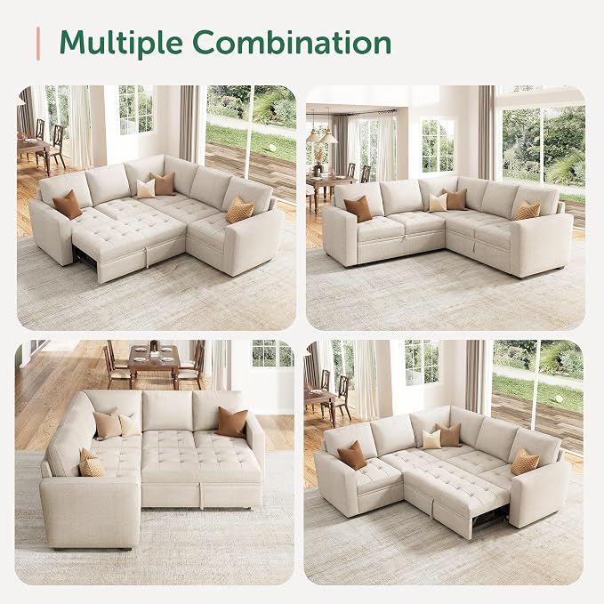 HONBAY Modular Sectional Sleeper Sofa with Pull Out Bed L Shaped Couch with Storage Seat Sectional Couches for Living Room,Beige