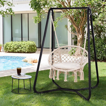 SUNCREAT Patio Swing Chair with Stand and Cushion, Heavy Duty Hanging Chair with Stand for Bedroom, 330 lbs Capacity, Patent Pending, Beige