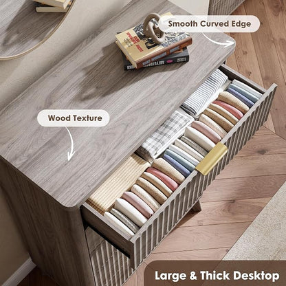 GarveeHome Fluted Dresser for Bedroom with 5 Deep Drawers, 47.2 in Tall Chest of Drawers, Curved Profile Design, Modern Wooden Dresser, for Living Room, Kids Room, Hallway, Grey