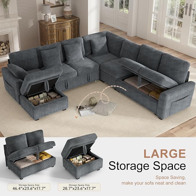 Hanherry 106" Sectional Sofa with Pull Out Couch Bed,7 Seat Corduroy Sleeper Sofa with 2 Seat Storage & USB Charging,Storage Ottoman,Comfy Modular Couches for Living Room,Apartment