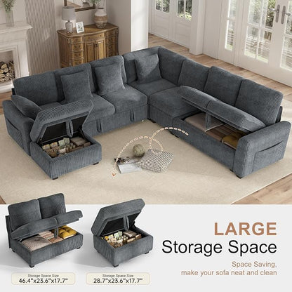 Hanherry 106" Sectional Sofa with Pull Out Couch Bed,7 Seat Corduroy Sleeper Sofa with 2 Seat Storage & USB Charging,Storage Ottoman,Comfy Modular Couches for Living Room,Apartment