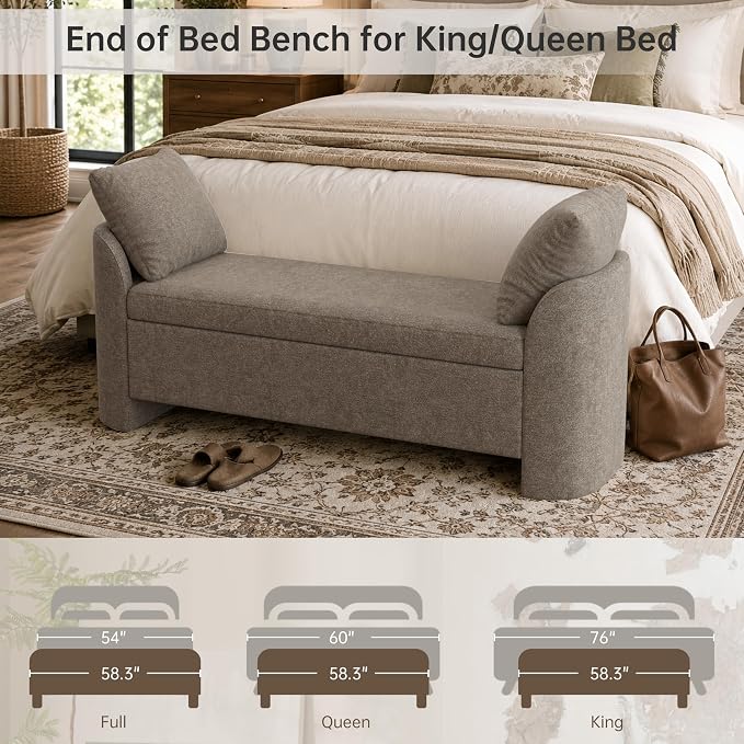 Usaint 58.3" Storage Ottoman Bench with Pillows, Upholstered End of Bed Bench with Arms, Footrest Stool Bench for Bedroom, Living, Window, Entryway and Hallway, Brown