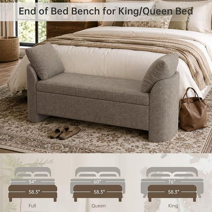 Usaint 58.3" Storage Ottoman Bench with Pillows, Upholstered End of Bed Bench with Arms, Footrest Stool Bench for Bedroom, Living, Window, Entryway and Hallway, Brown