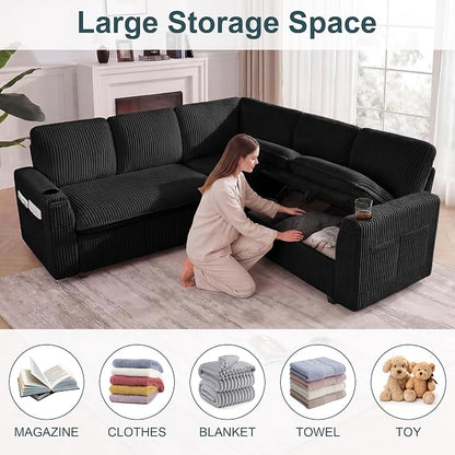 Sectional Sleeper Sofa with Pull Out Bed, Plush Corduroy 5 Seat Modular Sectional Sofa with Storage Chaise and Adjustable Backrest, Cloud Couches for Living Room, Apartment, Black