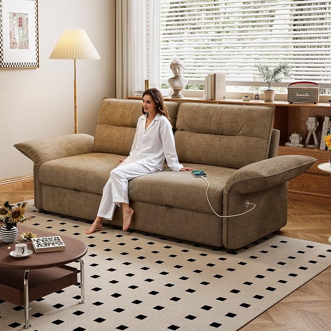 85'' Sofa Bed Full, Assembly, 3 in 1 Sleeper Sofa Beds, Flannel Pull Out Couch for Living Room, Charging & Adjustable Armrest, Comfy Loveseat for Small Space, Flannel Brown