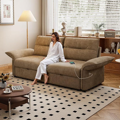 85'' Sofa Bed Full, Assembly, 3 in 1 Sleeper Sofa Beds, Flannel Pull Out Couch for Living Room, Charging & Adjustable Armrest, Comfy Loveseat for Small Space, Flannel Brown
