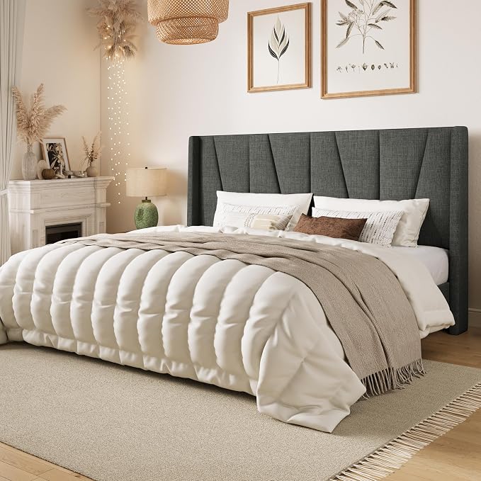 SHA CERLIN King Size Bed Frame with Geometric Wingback Headboard, Upholstered Platform Bed with, 8" Under-Bed Space, No Box Spring Needed, Easy Assembly, Grey