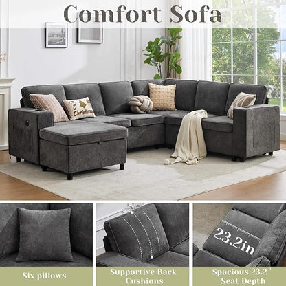 107 Inch Modular Sectional Sofa with Pull Out Bed, 7 Seat U Shaped Sectional Sleeper Sofa with Storage Ottoman, USB Port & 6 Pillows, Sectional Couches for Living Room & Apartment, Modular Couch, Grey