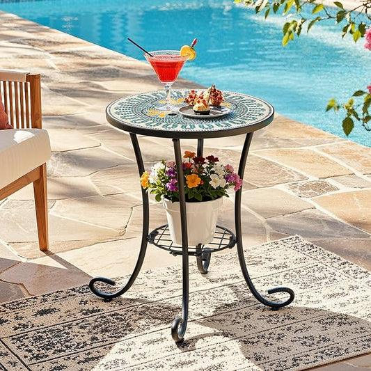 Side Table Outdoor, Mosaic Patio Table with Planter Stand, 22" H Iron Coffee End Table, Weather-Resistant Tile Top Metal Drink Bar Table for Indoor Garden Balcony Yard Bistro