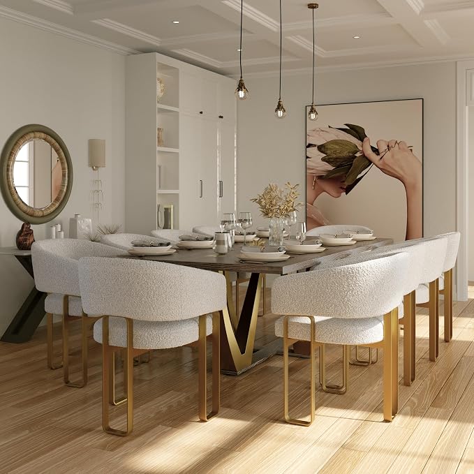 Boucle Dining Chairs Set of 24, Off White and Gold Dining Room Chairs with Arms for Kitchen, Luxury Side Chairs with U-Shaped Brushed Gold Metal Legs