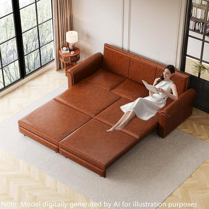 93.7" King Size Sleeper Sofa Bed, Pull Out Sofa Bed, Faux Leather Upholstery, 3 in 1 Convertible Sleeper Couch, Chaise Lounge, Retro Recliner for Living Room, Office, Apartment, Light Brown