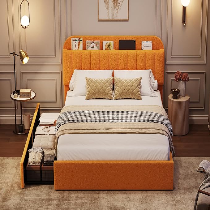 GarveeHome Twin Bed Frame with Storage Headboard, Kids Bed Frame with 2 Drawers, Boucle Upholstered Platform Bed with Bookcase, No Box Spring Needed, Easy Assembly, Yellow