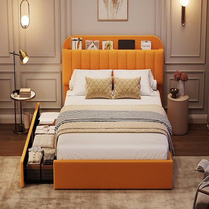 GarveeHome Twin Bed Frame with Storage Headboard, Kids Bed Frame with 2 Drawers, Boucle Upholstered Platform Bed with Bookcase, No Box Spring Needed, Easy Assembly, Yellow