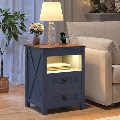 TAGELIER Night Stand Set 2 with Gun Drawer, Farmhouse Bedside Table with Charging Station, Gun Nightstand with LED Light & Human Sensor, Smart End Table for Bedroom, Blue