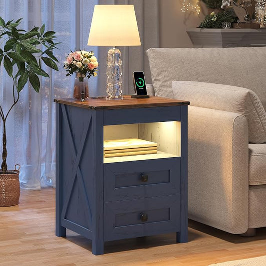 TAGELIER Night Stand Set 2 with Gun Drawer, Farmhouse Bedside Table with Charging Station, Gun Nightstand with LED Light & Human Sensor, Smart End Table for Bedroom, Blue