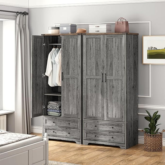 Brafab Armoire Wardrobe Closet with 2 Modern Doors Set of 2, 71" Tall Freestanding Closet Wardrobe Cabinet with Drawers and Hanging Rail, Light Wooden Storage Cabinet with Shelve for Bedroom, Grey