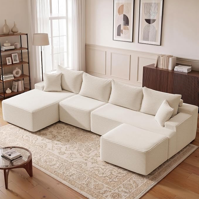 Mangodan 118'' Cloud Sectional Couch, U Shaped Boneless Couches for Living Room, Modular Sectional Sofa with Deep Seat Light Facing Chaise, Comfy Cloud Couch Sofa, Beige