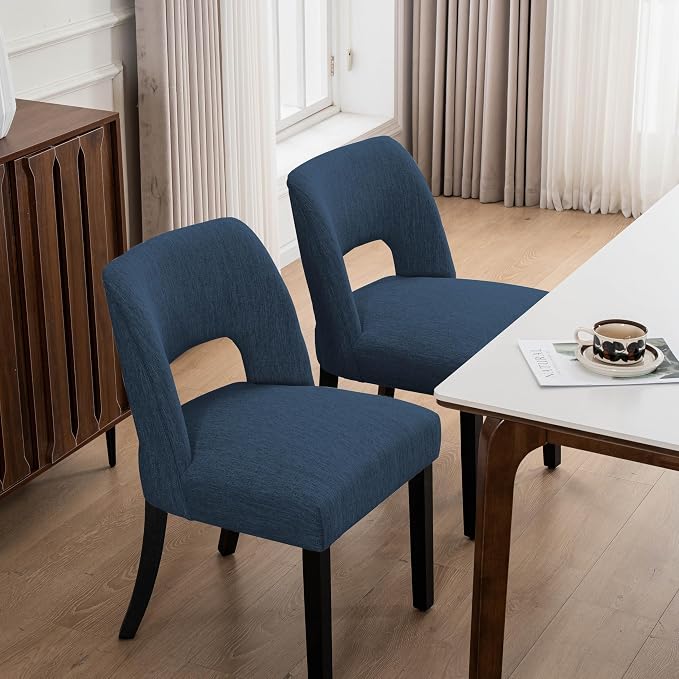 VKNOW Wooden Dining Chairs Set of 6, Modern Fabric Upholstered Dining Room Chair Kitchen Chairs, Farmhouse Dinner Chair for Kitchen Dining Room, Blue-Black Legs