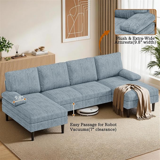 Korser U-Shaped Sectional Couches for Living Room, 101" Modular Sofa Set with Double Chaise, 4-Seat Chenille Couch with High-Density Foam for Apartment, Pewter