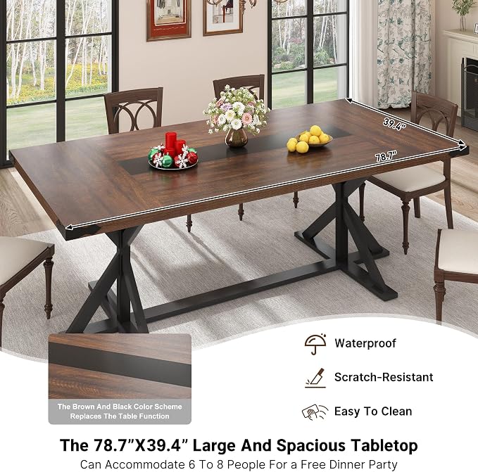 Hlivelood Dining Table for 6 8 People,Rectangular Kitchen Farmhouse Table W/Waterproof Wood Tabletop,Long Dining Room Tables W/Wood Strip Base for Kitchen Living Room(78IN BR&BK)