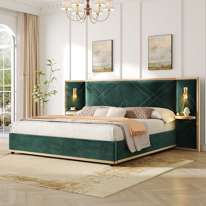 Merax King Bed Frame with 2 Built-in Led Lights and 2 Floating Storage Shelves, Luxury Velvet Upholstered Platform Bed Frame King Size with Wingback Headboard for Bedroom, No Box Spring Needed, Green