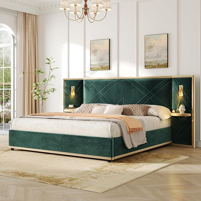 Merax King Bed Frame with 2 Built-in Led Lights and 2 Floating Storage Shelves, Luxury Velvet Upholstered Platform Bed Frame King Size with Wingback Headboard for Bedroom, No Box Spring Needed, Green